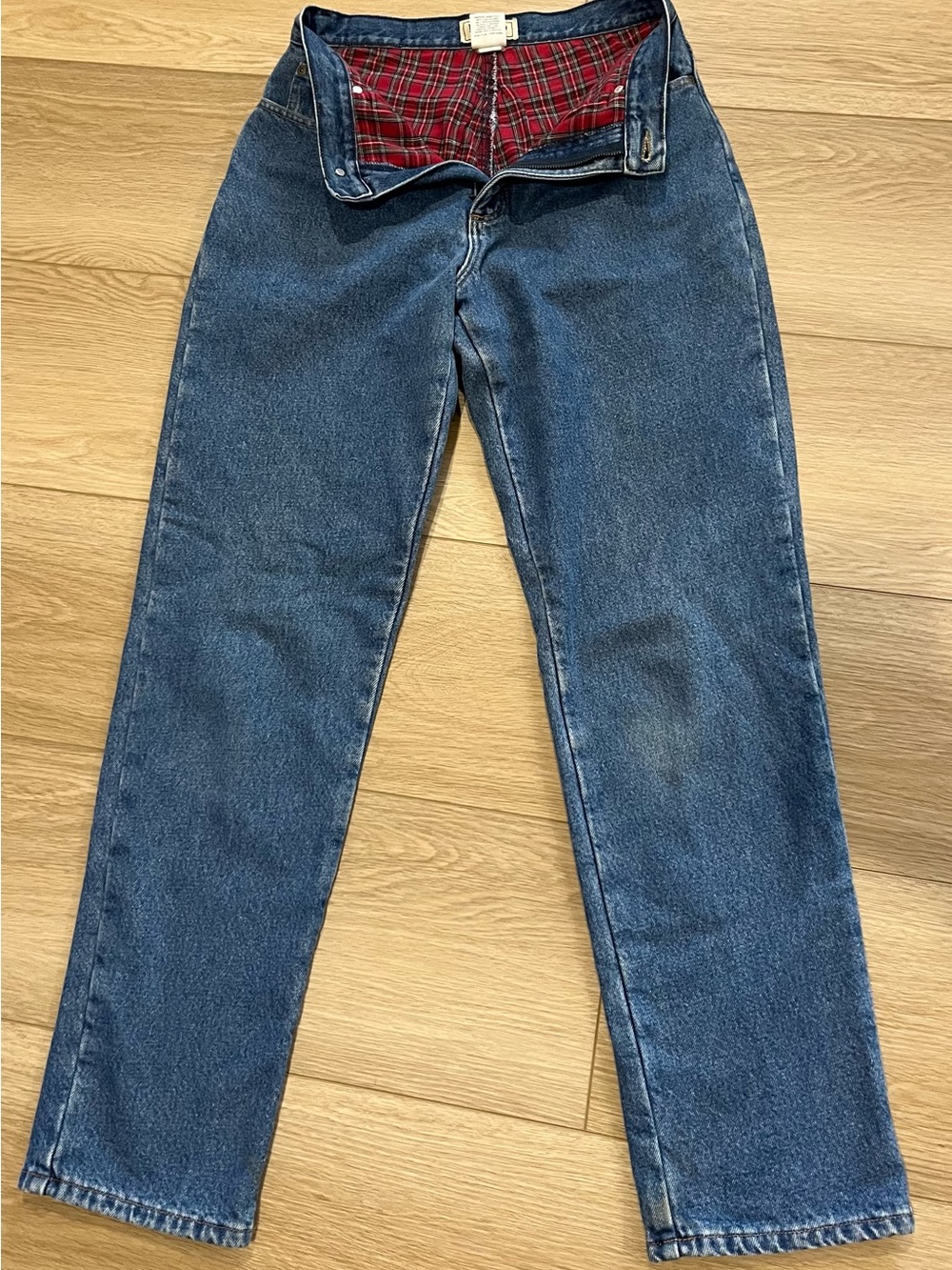 L.L. Bean Straight-Leg Blue Denim Jeans with Red Plaid lining